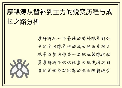 廖锦涛从替补到主力的蜕变历程与成长之路分析
