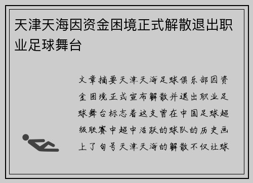天津天海因资金困境正式解散退出职业足球舞台